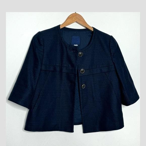 J Crew Blazer Cropped Jacket 3 Button Closure Navy Blue Textured Elbow Sleeves 8 - Picture 4 of 9